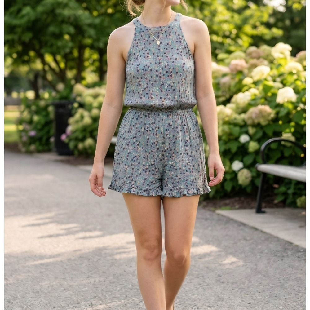 Mossimo Supply Co Floral Romper Teal Blue High Neck Ruffle Hem Pockets S Boho